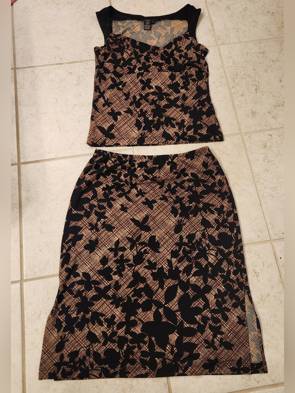 Bcbg Maxazria 2 Piece Set‎ Brown Black Floral Skirt Blouse Size M #M1305